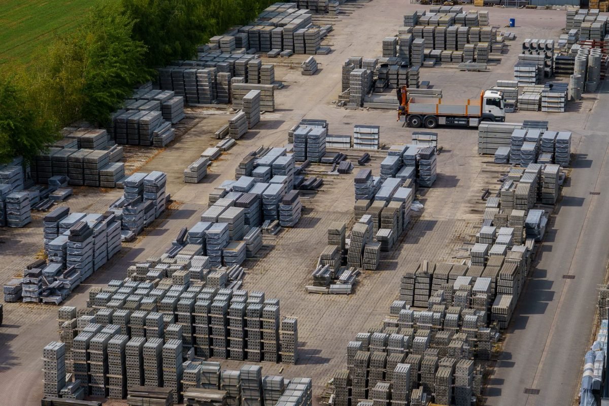Production yard with stacked pavers ready for collection